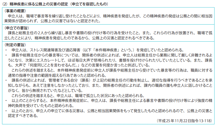 資料7-3 災害補償等審査申立事案関係 2　平成25年度の判定例（要旨）（2）精神疾患に係る公務上の災害の認定（申立てを容認したもの）