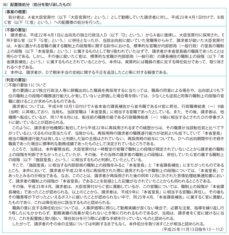 資料7-1 不利益処分審査請求事案関係 2　平成25年度の判定例（要旨）（6）配置換処分（処分を取り消したもの）