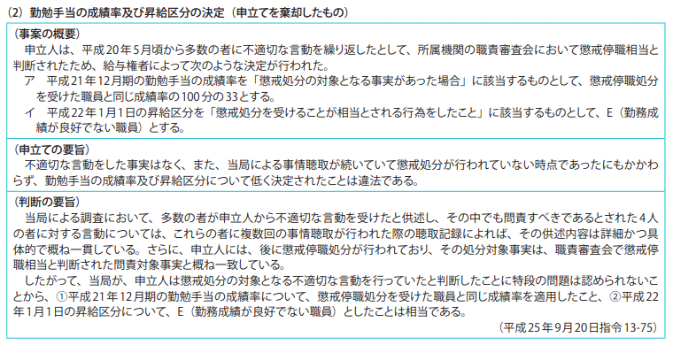 資料7-4 給与決定審査申立事案関係 2　平成25年度の決定例（要旨）（2）勤勉手当の成績率及び昇給区分の決定（申立てを棄却したもの）