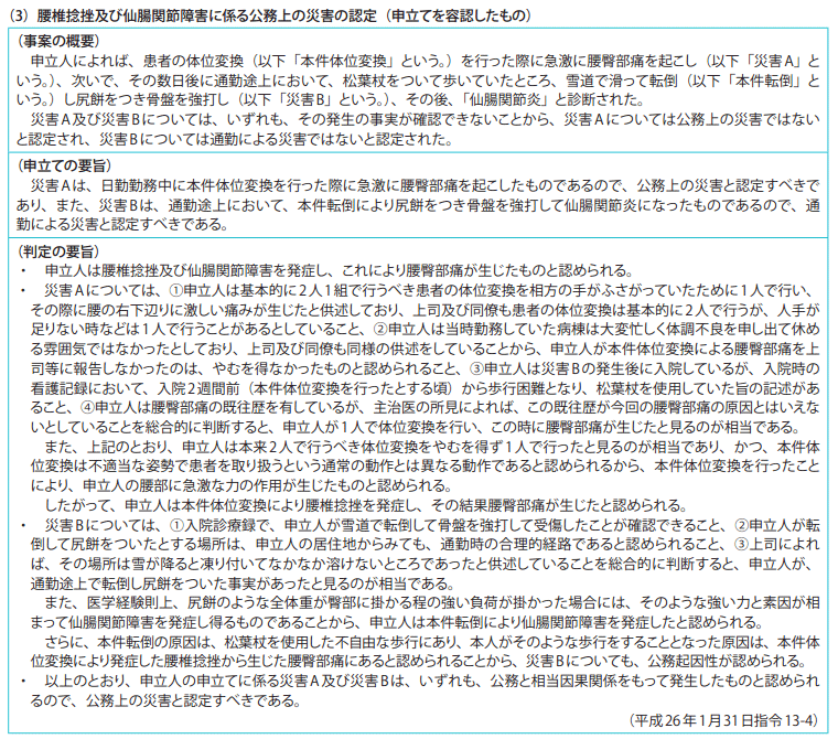 資料7-3 災害補償等審査申立事案関係 2　平成25年度の判定例（要旨）（3）腰椎捻挫及び仙腸関節障害に係る公務上の災害の認定（申立てを容認したもの）