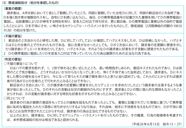 資料7－1　不利益処分審査請求事案関係　2　平成26年度の判定例（要旨）　（3）懲戒減給処分（処分を承認したもの）