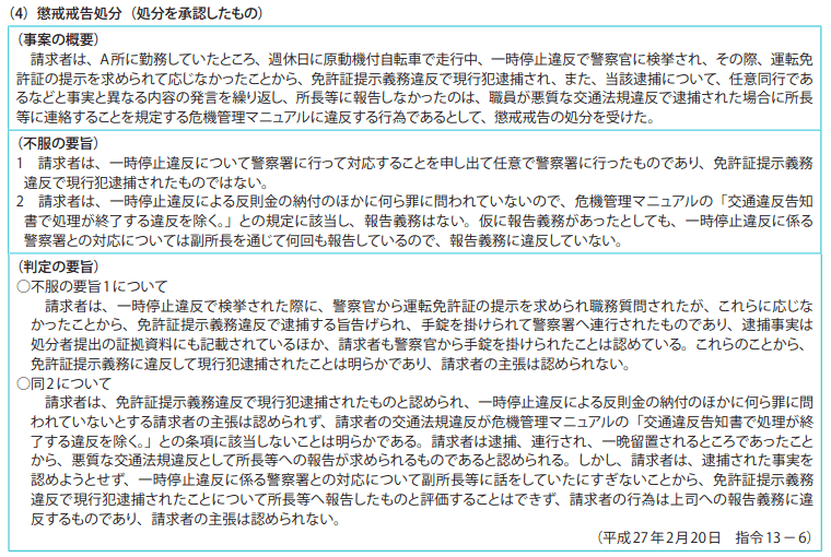 資料7－1　不利益処分審査請求事案関係　2　平成26年度の判定例（要旨）　（4）懲戒戒告処分（処分を承認したもの）