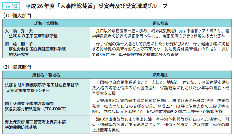 表10　平成26年度「人事院総裁賞」受賞者及び受賞職域グループ